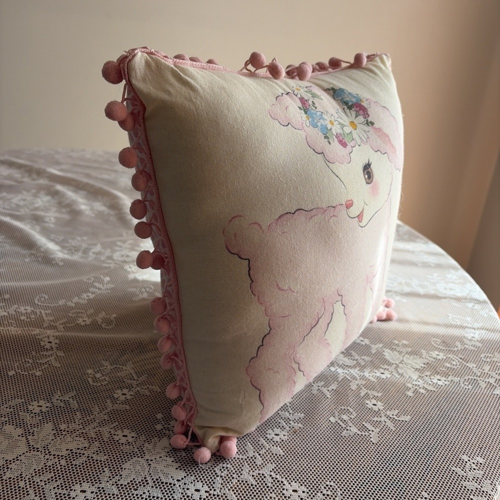 Vintage Inspired Kitschy Lamb Throw Pillow Pink Pom Pom Fringe Square Polka Dots - Picture 15 of 16